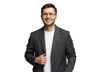 Smiling man in a suit jacket with glasses posing confidently against a white background