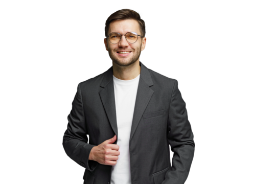 Smiling man in a suit jacket with glasses posing confidently against a white background