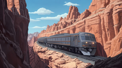 The canyons rocky terrain contrasts with the smooth metallic train. Electric Canyon. Illustration