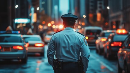 A lone officer in uniform stands watch on a bustling city street, amidst glowing cars in a vibrant, busy night setting.