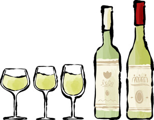 白ワインボトル&グラスのベクターイラストセット 筆書き 手描き 手書き 水彩画