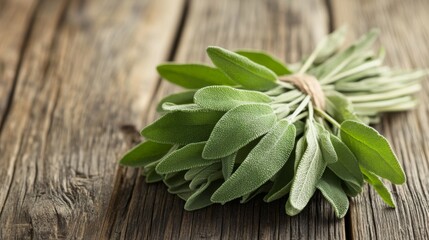 Obraz premium This image depicts a fresh bundle of sage herbs placed on a rustic wooden surface, emphasizing natural and organic qualities with a traditional touch.