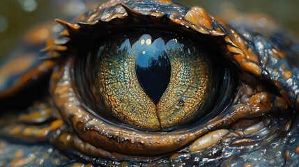Close up of a reptilian eye with a golden iris. The eye is surrounded by scales