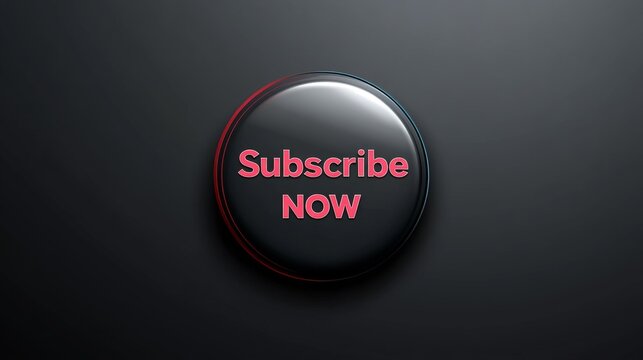 A stylish black button with pink red 'Subscribe Now' text contrasts against a dark background, blending minimalistic design with assertive marketing.