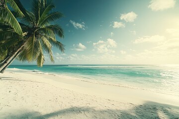 Obraz premium Tranquil beach scene with swaying palm trees and soft waves unde