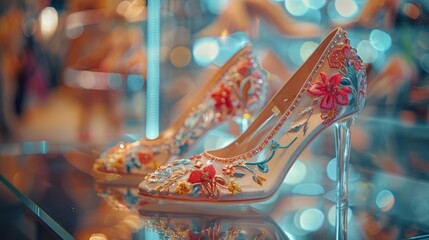 A beautifully crafted pair of high heel shoes with intricate floral embroidery, elegantly displayed, showcasing fashion, craftsmanship, and artistic design.