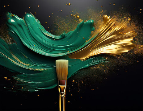 paintbrush on black background green and gold colour splash art
