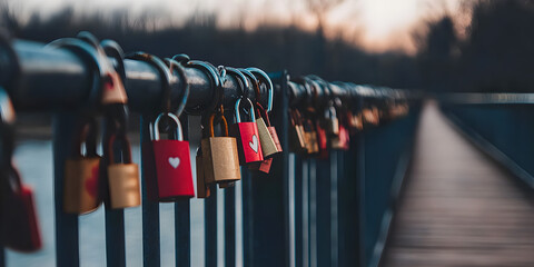 Locks of love. A bridge with multiple locks on the railing, a symbol of unbreakable love. The concept of love, romance.