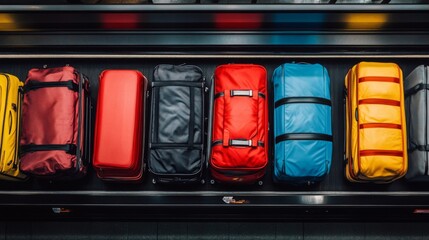 Obraz premium A dynamic scene of travel-themed colorful luggage, neatly aligned on a moving airport conveyor belt, highlighting themes of adventure and journey preparation.