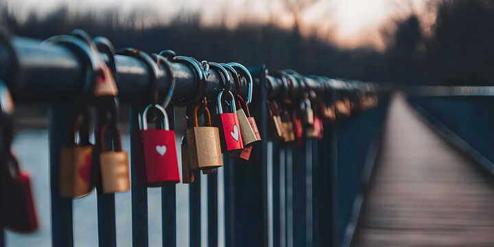 Locks of love. A bridge with multiple locks on the railing, a symbol of unbreakable love. The concept of love, romance.