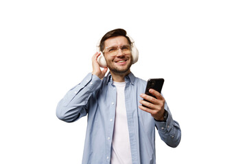 Naklejka premium Enjoying music with headphones while using a smartphone in a bright setting