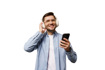 Enjoying music with headphones while using a smartphone in a bright setting