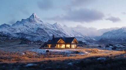 Fototapeta premium Cozy log cabin settler in the arctic circle soft dusk light mountain landscape low angle shot