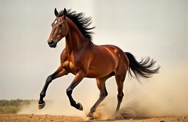 Obraz premium Powerful brown horse gallops freely across sunny meadow. Dust clouds rise around hooves. Wild animal runs fast with incredible speed. Majestic creature enjoys freedom in nature. Photo captures