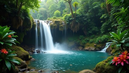 Fototapeta premium A serene jungle waterfall cascades into a turquoise pool surrounded by lush greenery and vibrant tropical flowers, creating a tranquil and picturesque rainforest scene. Generative, AI,