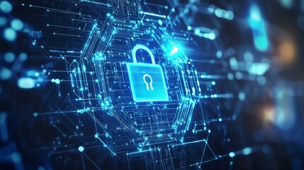 Futuristic Cybersecurity Background with Glowing Polygons, Dots, and Lines for Digital Data Protection in Wide 16:9 Ratio