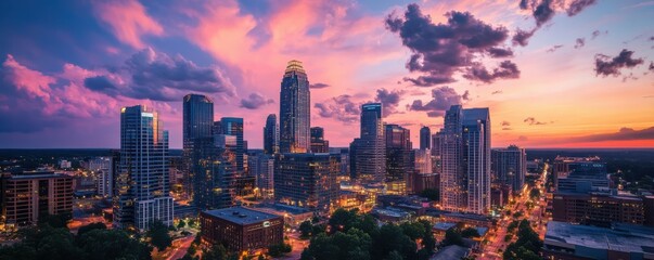 Vibrant sunset over charlotte skyline with dramatic clouds