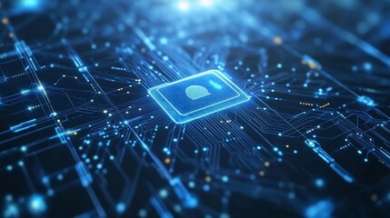 Futuristic Cybersecurity Concept &ndash; Digital Data Protection with Glowing Blue Polygons, Dots, and Connecting Lines in a 16:9 Abstract Background Design