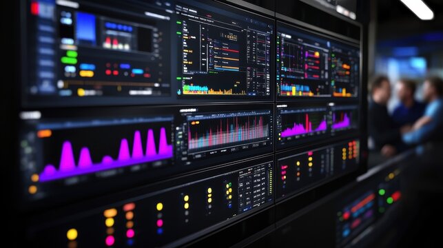 Large screen wall showing graphs and key performance indicators - kpi - in a network operations center - noc - with system administrators working in the background