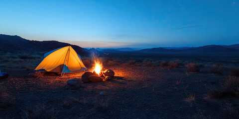 Campsite at Dusk: Tent, Campfire, and Desert Landscape