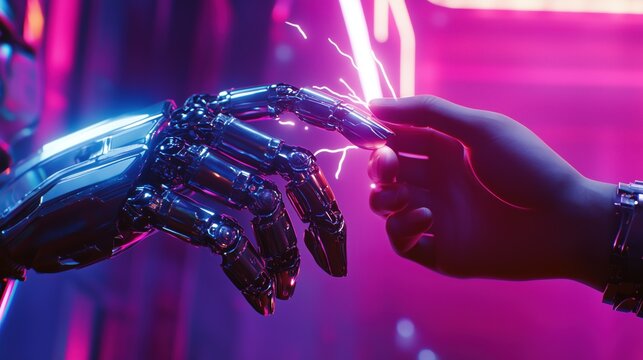 A human hand brushes against the metallic fingers of a humanoid robot, illuminating the air with sparks of digital energy in a vibrant, neon-lit atmosphere, beautifully symbolizing connection