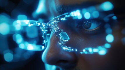 Neon reflections dance across augmented reality glasses as a skilled hacker investigates a flowing stream of encrypted data within a transparent blockchain