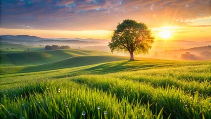 Obraz premium Serene Spring Sunrise: Minimalist Green Meadow Landscape