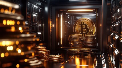 Inside a cutting-edge fortress, a Bitcoin vault dazzles with massive golden coins arranged in a gravity-defying manner