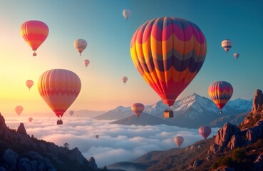 Fototapeta premium Colorful hot air balloons float above mountain landscape at sunset. Scenic view of balloons in misty valley. Adventure, travel concept. Stunning view of nature. Perfect for travel adventure