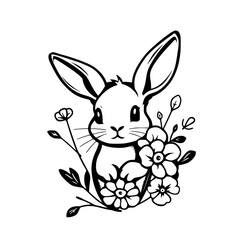 Adorable Bunny Rabbit in a Floral Garden: A Charming Black and White Line Art Design