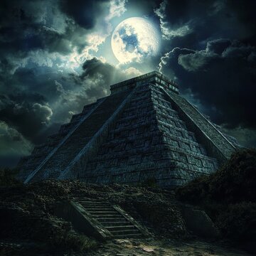 La nuit envahit une ancienne civilisation dont la silhouette se d&eacute;coupe en une pyramide maya domin&eacute;e par une pleine lune au-dessus d'un firmament parsem&eacute; de nuages d'un ton orang&eacute;.