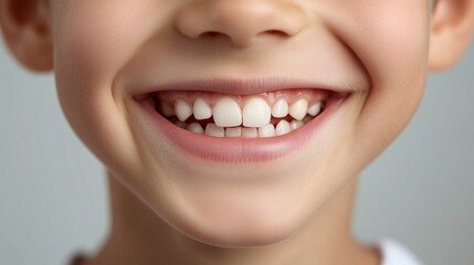 Obraz premium In a professional studio, a 10-year-old boy beams joyfully, showcasing his vibrant laughter and missing tooth. His bright white smile lights up the atmosphere, creating warmth