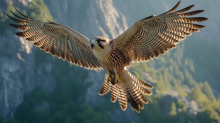 Falcon soaring, mountain backdrop, sunrise, wildlife