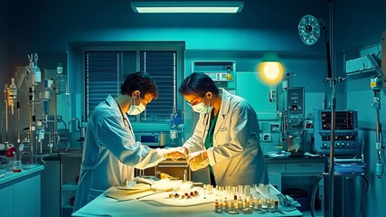 Two scientists working lab night,detailed equipment.Researchers analyzing samples neon-lit laboratory.Professionals engaged scientific discussion artificial lighting.explore medical advances