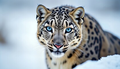 Obraz premium Snow leopard wildlife photo. Stealthy cat focuses on prey. Close-up view. Camouflaged against snow. Piercing blue eyes. Wild animal. Snowy white background. Nature photography. Predator in winter
