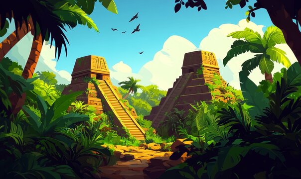 Cartoon depiction of ancient Mayan pyramids in the jungle on a bright day.