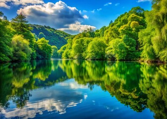 Fototapeta premium Serene Water Reflection, Lush Greenery, Tranquil Nature Scene, Peaceful Lake, Calm Waters