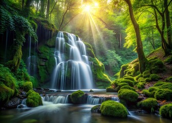 Serene Waterfall in Lush Forest: Mossy Rocks & Tranquil Nature Scene