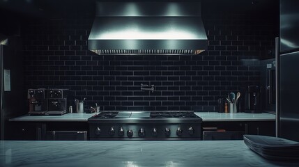 Dark modern kitchen, stainless steel appliances, black tile backsplash, nighttime setting, commercial kitchen interior design
