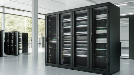 A high-tech network rack room showcases state-of-the-art firewalls, illuminating a clean and modern workspace. The environment reflects advanced technology and meticulous design