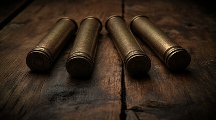 Four brass shells on rustic wood, dark background, hunting concept