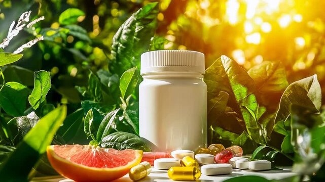Supplement bottle lush greenery,sunlit setting.Vitamins and minerals outdoor natural backdrop.Health-focused scene vibrant environment.Wellness products showcased touch nature.Promoting healthy