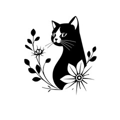 Elegant Black Cat with Floral Design: A Stylish Monochrome Animal Illustration