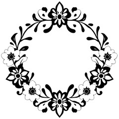 Elegant Black and White Floral Frame: Circular Border Design, Vintage Flower Wreath,  Perfect for Decoration and Templates