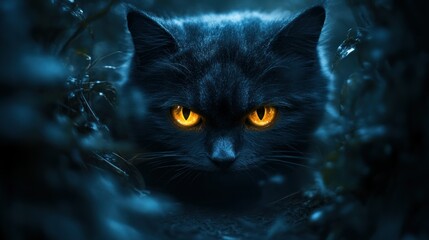 Glowing-eyed cat, night, bushes, Halloween, poster