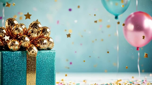 Vibrant celebration with gift box, balloons, and confetti