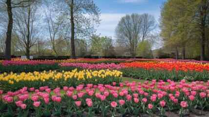 A vibrant display of tulips in various colors creates a picturesque spring scene under a bright blue sky.