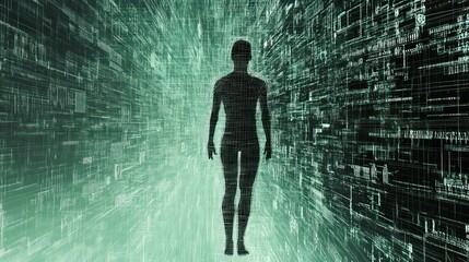 A Wireframe Human Model Against a Background of Digital Data