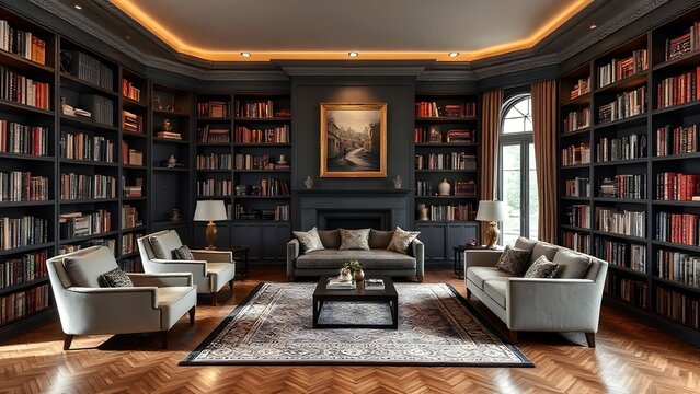 Una biblioteca dom&eacute;stica lujosa y elegante con estanter&iacute;as que van del suelo al techo, llenas de libros, objetos decorativos y una iluminaci&oacute;n c&aacute;lida y suave. La habitaci&oacute;n presenta una paleta de colo
