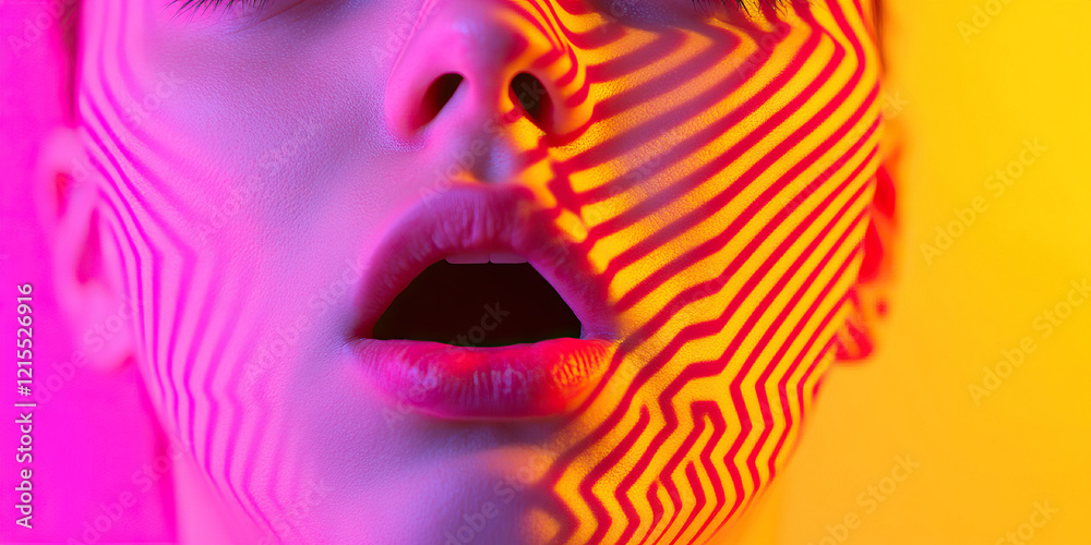 Poster close-up of face with projected linear patterns
